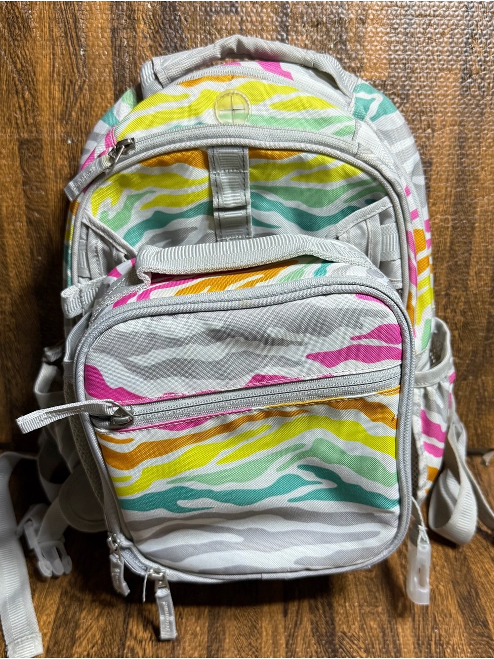 Pottery Barn Kids Multicolor Zebra Print Backpack - White/Pink/Yellow/Green